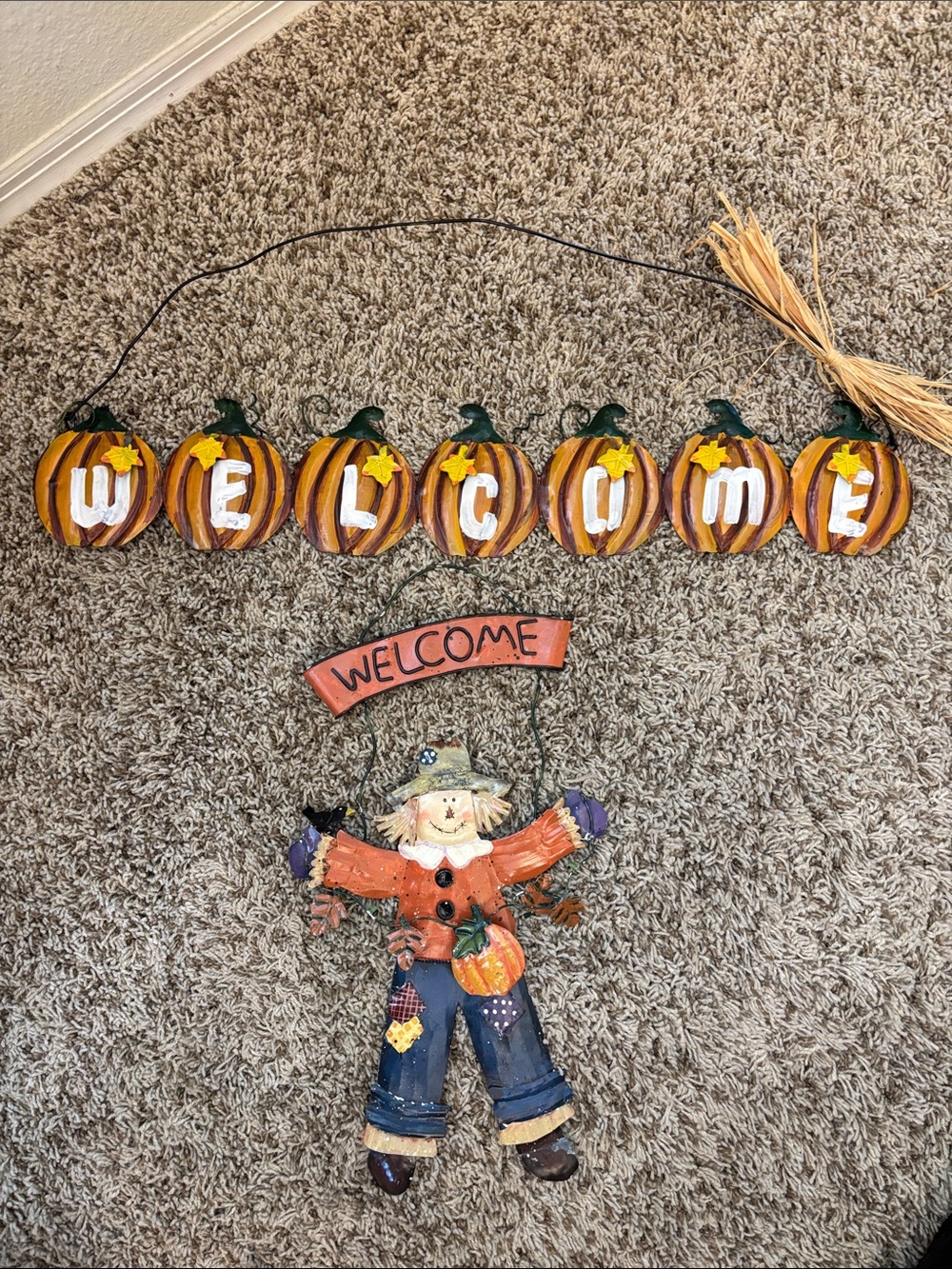 Fall Pumpkin 'WELCOME' Hanging Door Sign in Orange with Scarecrow
